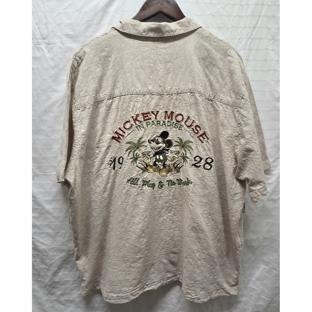 Disney Mickey Mouse Paradise Men's XXL Shirt Short Slv Embroidery Button Beige